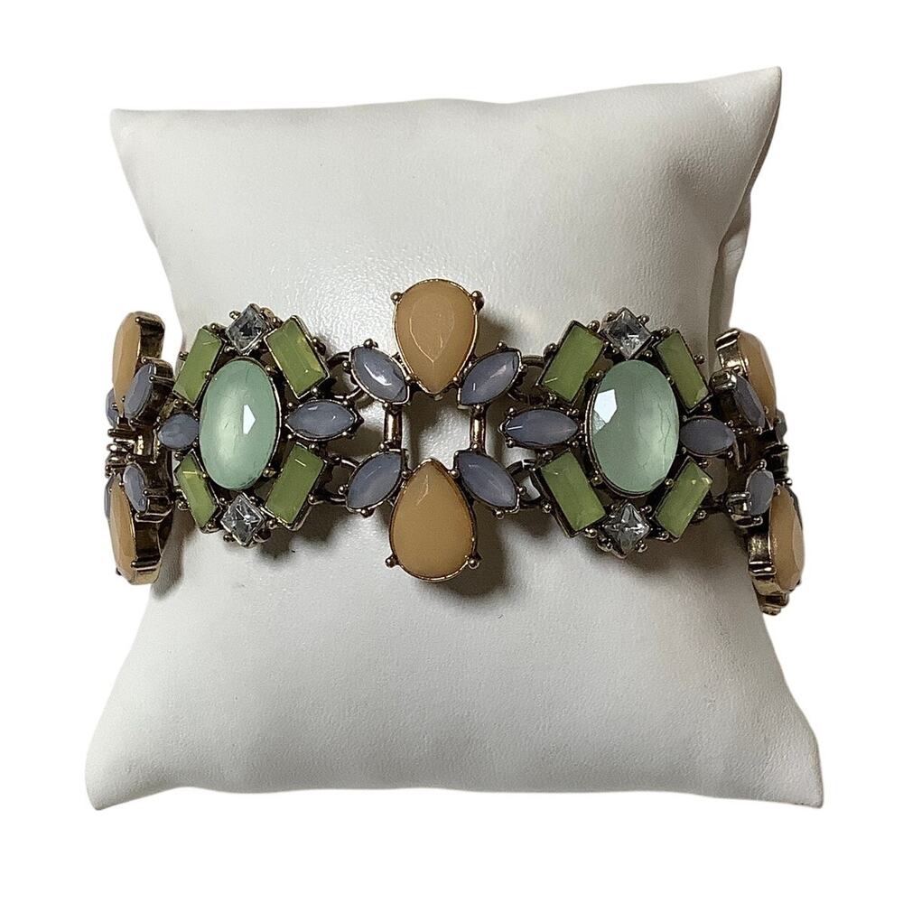 J.Crew Gold Tone Pastel Mosaic Acrylic Crystal Statement Bracelet Vintage C32-32